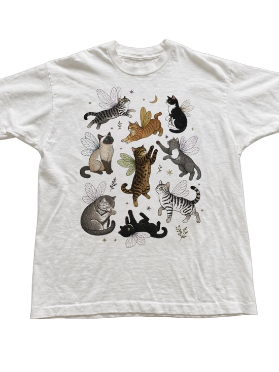 Gildan Tops - Gildan White Tee with Whimsical Flying Cats Graphic